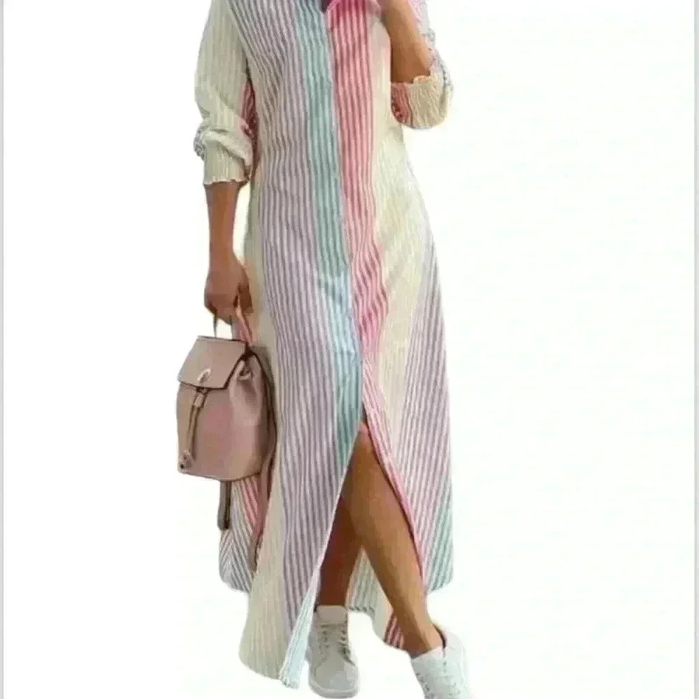 New Striped button down ladies Size large maxi curved hem dress